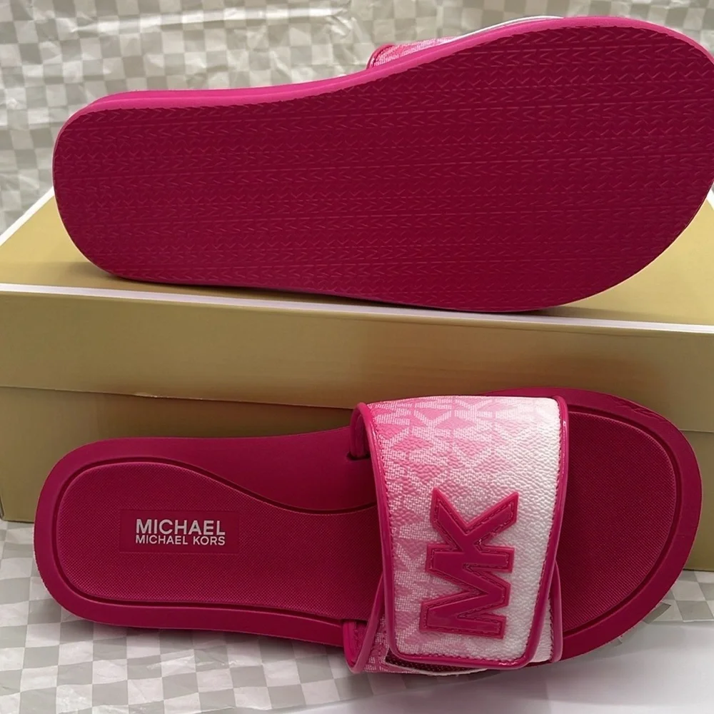 MICHAEL KORS Palmer Ombré Signature Logo Slide Sandal Dragonfruit NWT